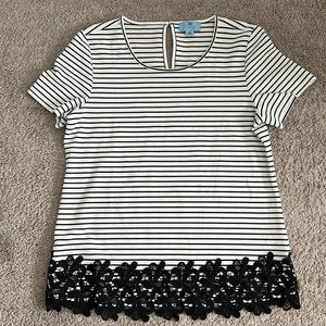 CeCe black & white striped top with lace embellishment
